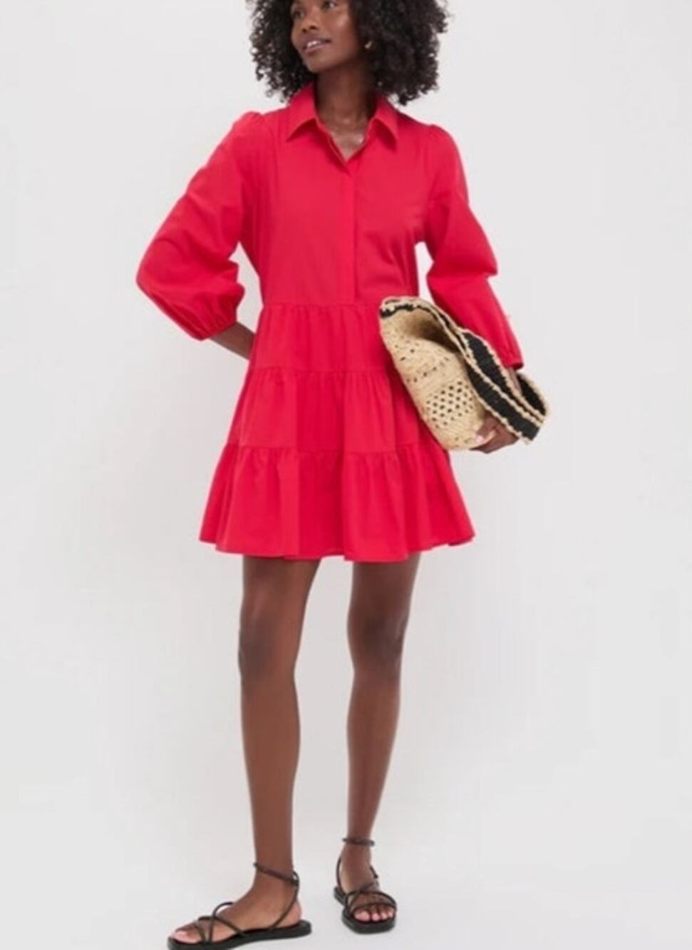 Pomander Place Mabel Mini Dress XS Hibiscus Red Tiered Cotton Shirt Dress NWT